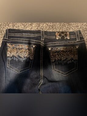 Miss Me Dark Indigo Skinny Jeans with Gold & Silver Pocket Embellishments